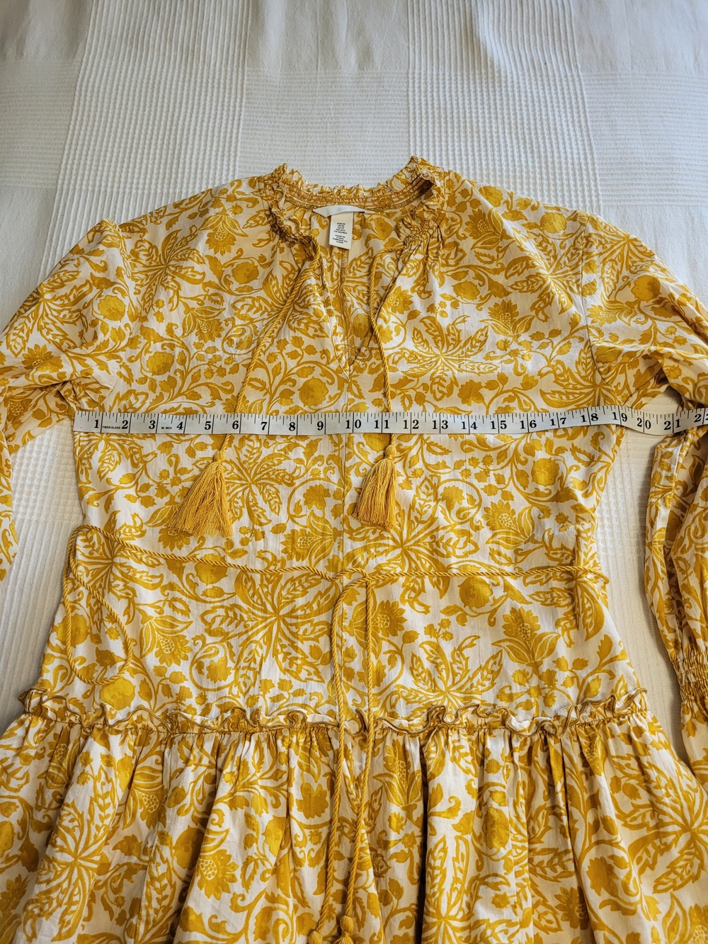 H&M 100% Cotton Top/Dress Yellow/White Floral Tie-Waist Long Sleeve XS -Like New - Picture 9 of 14
